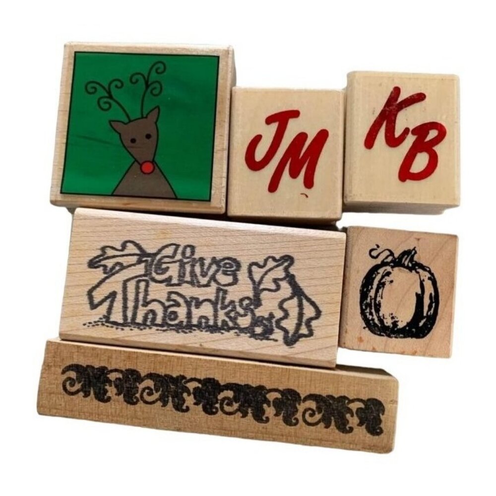 Holiday Rubber Stamp Collection With Reindeer Pumpkin Give Thanks & Swirl Design